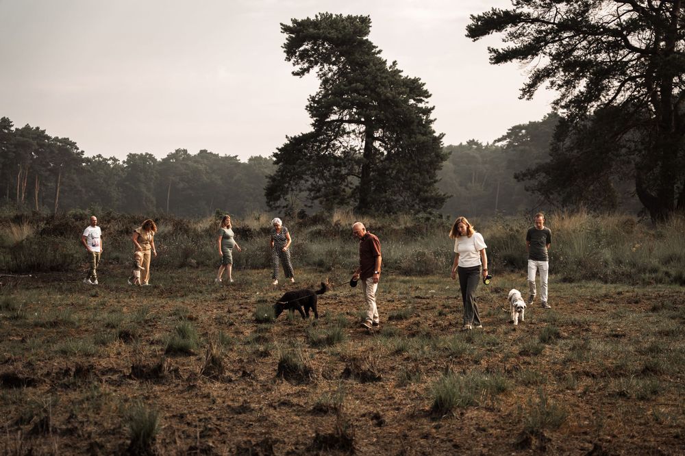 A panoramic sequence showing people walking across a rugged natural landscape at dusk.