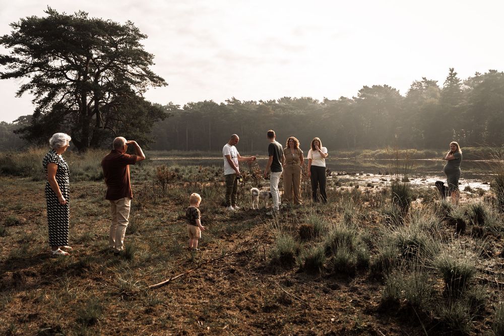 A group of people gather at sunset in a natural heathland area with tall pine trees in the background.