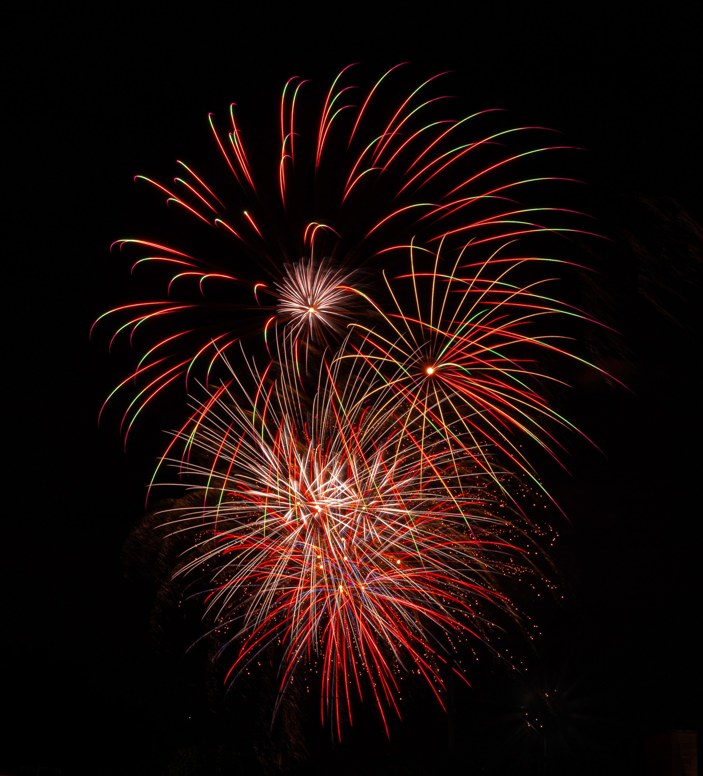 Bright red fireworks burst against dark night sky with radiating sparks creating dramatic pyrotechnic display.