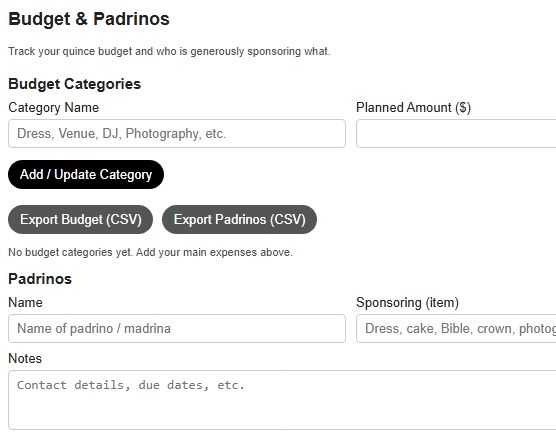Budget tracking screen inside free quince planner app helping Dallas quince families monitor spending and padrino contributions