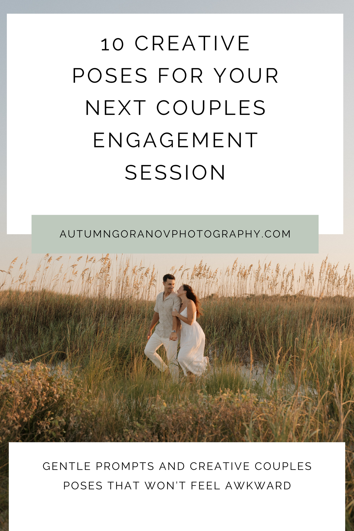 Pinterest style pin design showing a couple running through tall grass at sunset with text about engagement photo poses.