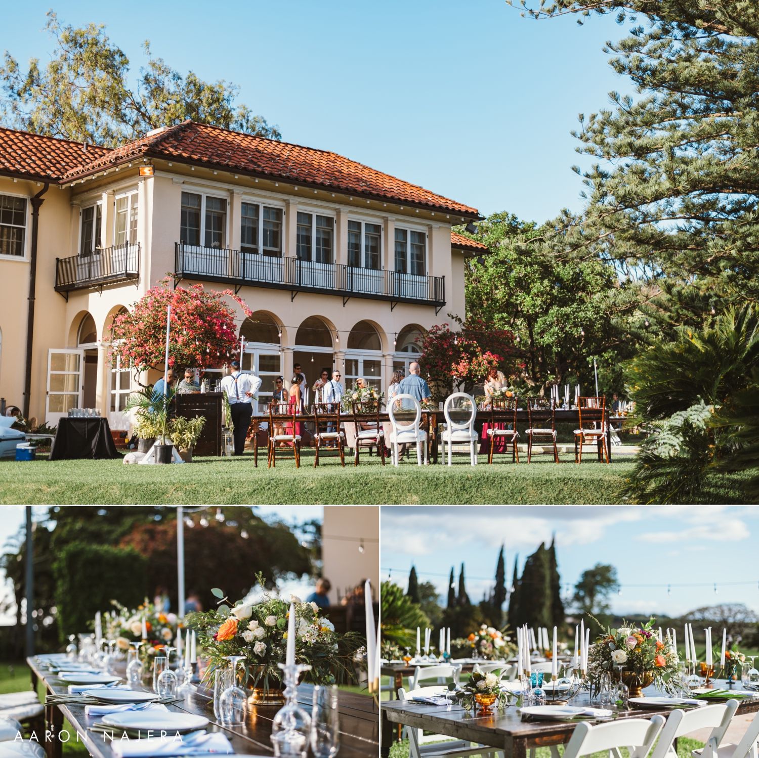 Mediterranean-style venue with arched windows and elegant outdoor reception tables set for dining.