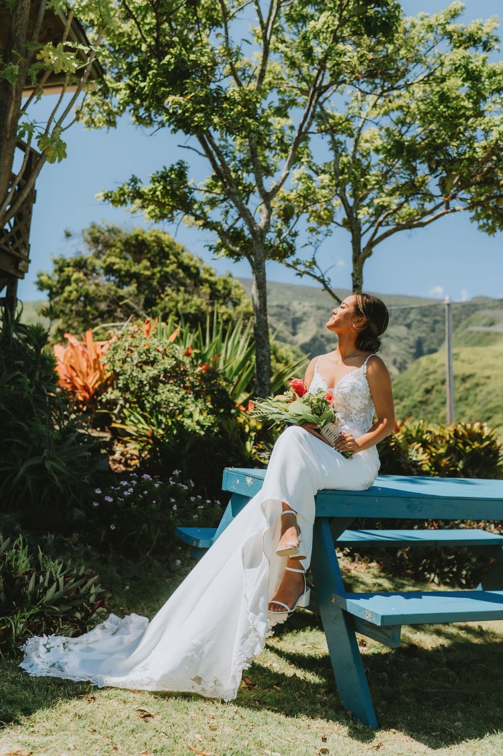 Wedding dress flowing in breeze on bright sunny day with mountain backdrop.