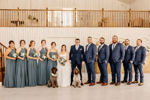 Wedding party in blue suits and dusty blue gowns pose with two dogs in a bright white barn venue.
