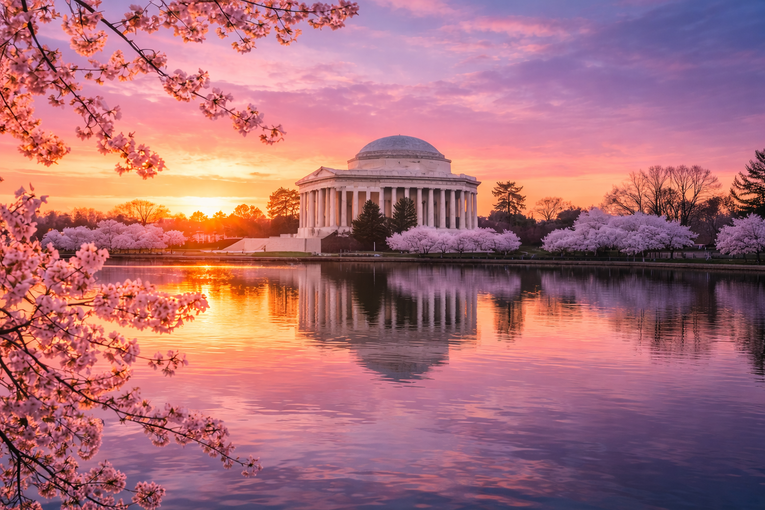 Cherry blossoms frame the Jefferson Memorial during a vibrant sunset over the Tidal Basin in Washington DC. Flying Dress Photography