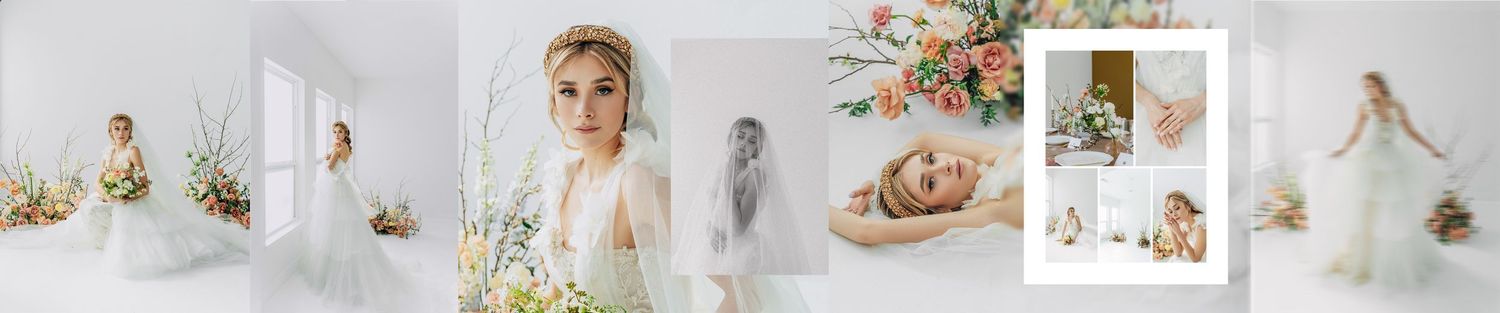 Soft and ethereal wedding photography collage featuring romantic floral arrangements and delicate decor details.