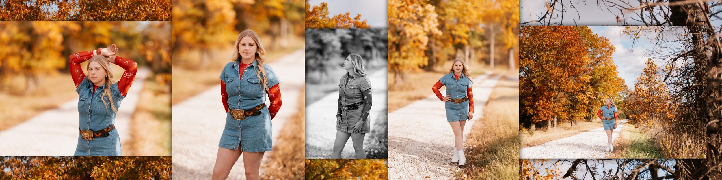 A collection of autumn-themed lifestyle photos featuring denim outfits and fall foliage in warm orange tones.