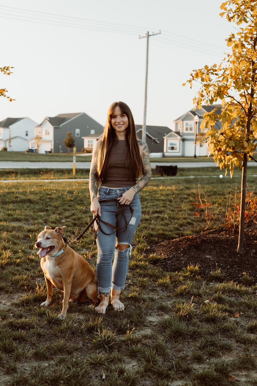 Dog and person standing in grassy field during golden hour with suburban homes and fall trees in distance.