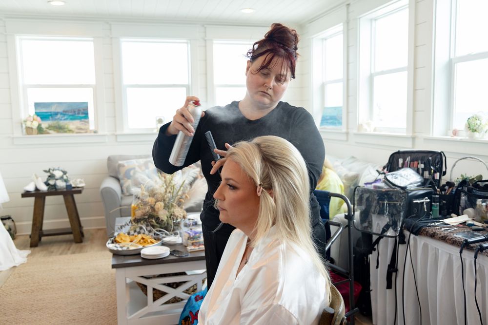 A series of behind-the-scenes photos from a professional video production shoot in a bright modern home interior.