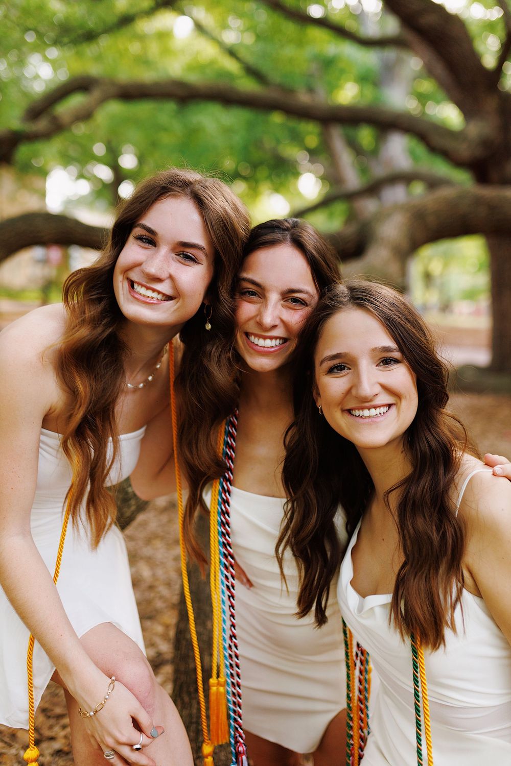 Three graduates wearing white tops and colorful graduation cords smile together under a tree on campus.