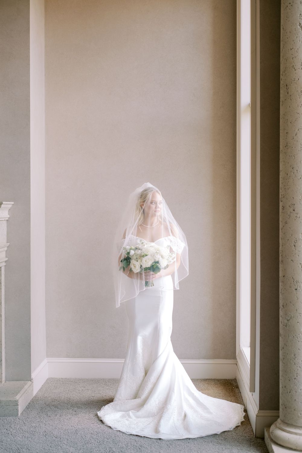 Series of ethereal bridal portraits in white gown against classic architectural elements.