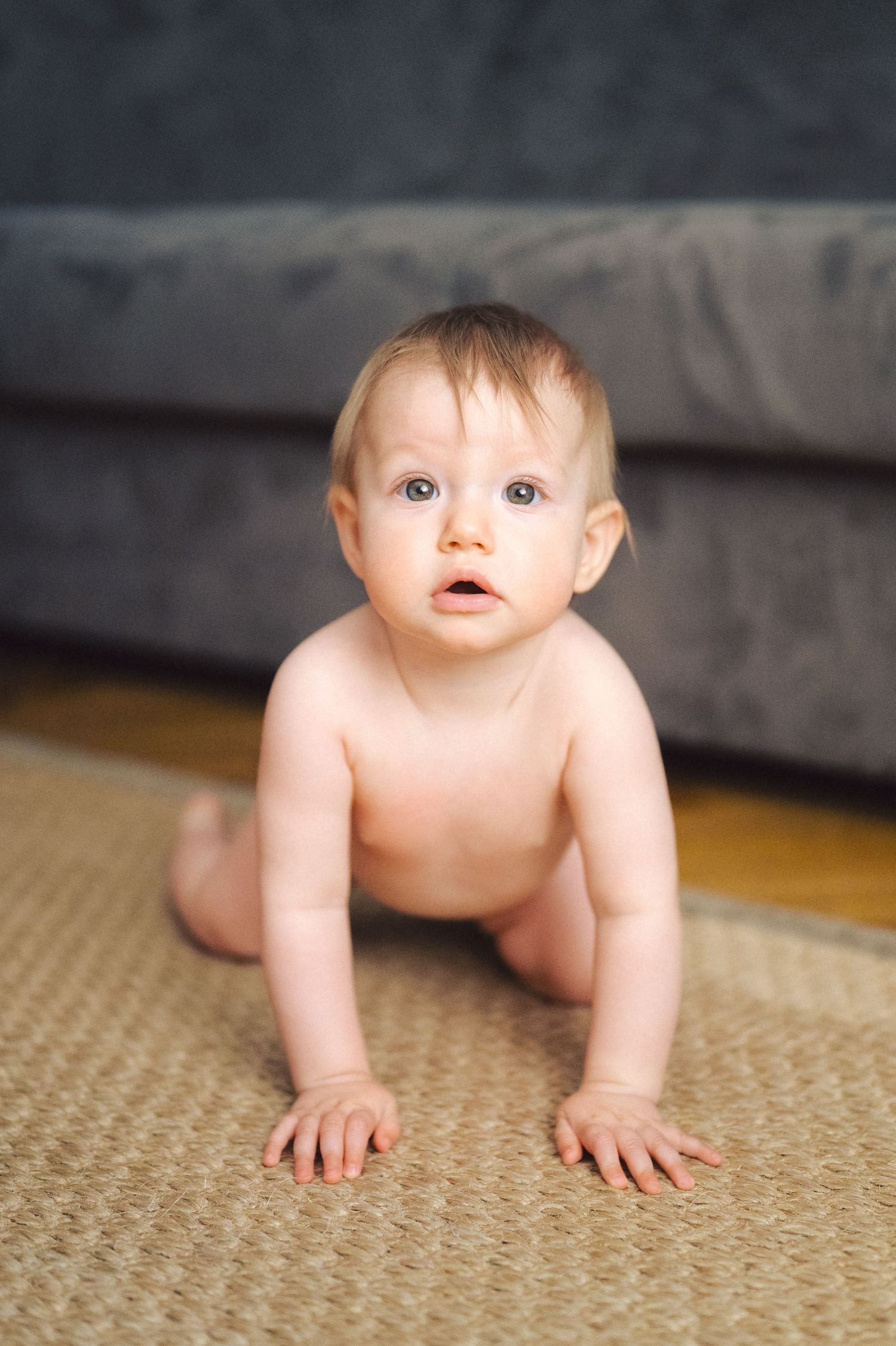 Baby in diaper crawling on beige carpet while looking up near gray sofa in indoor setting.