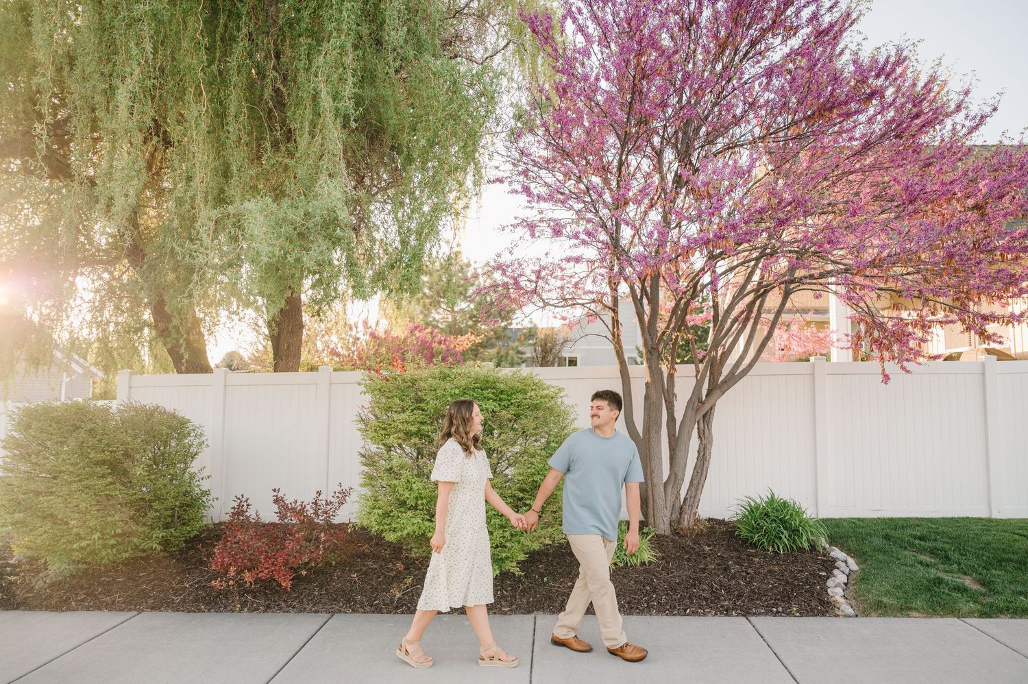 A couple strolls on a sidewalk during sunset with a blooming pink tree and white fence in the background.
