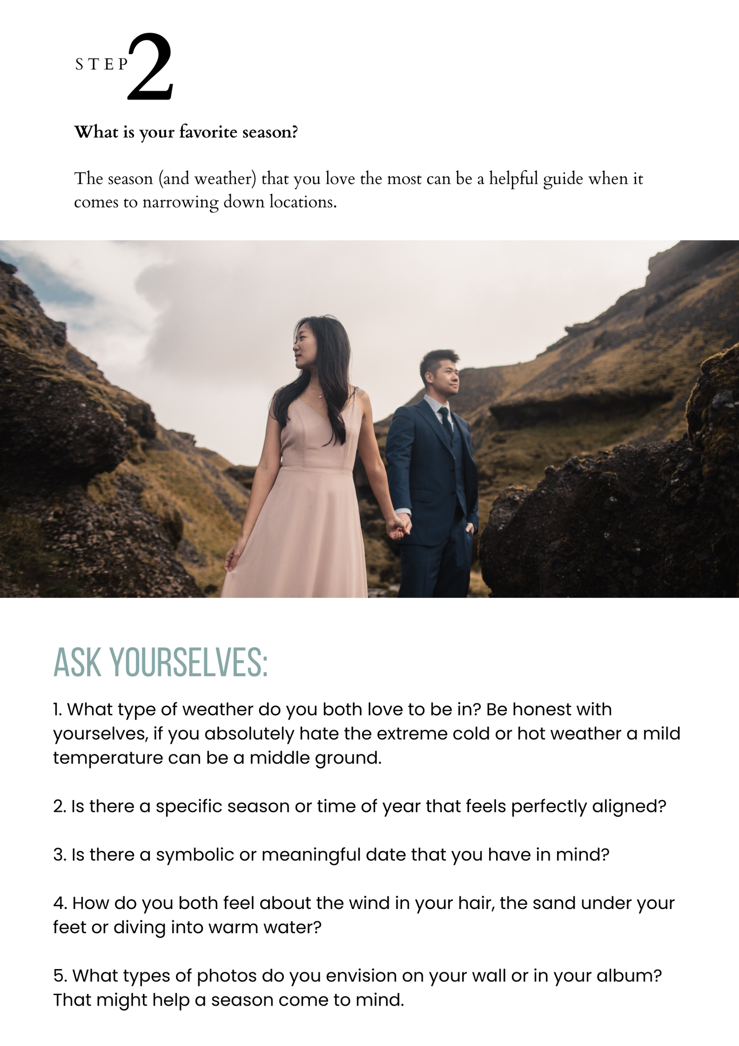 A wedding planning checklist with photography questions and a scenic photo of a couple in formal wear on a mountain path.