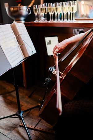 Close-up of violinist playing at the micro wedding with champagne in the background during a Table 47 celebration.