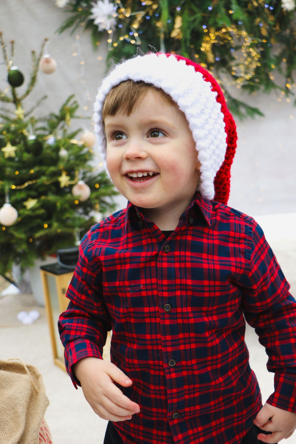 Festive portrait in red plaid shirt and knit Santa hat by decorated Christmas tree.