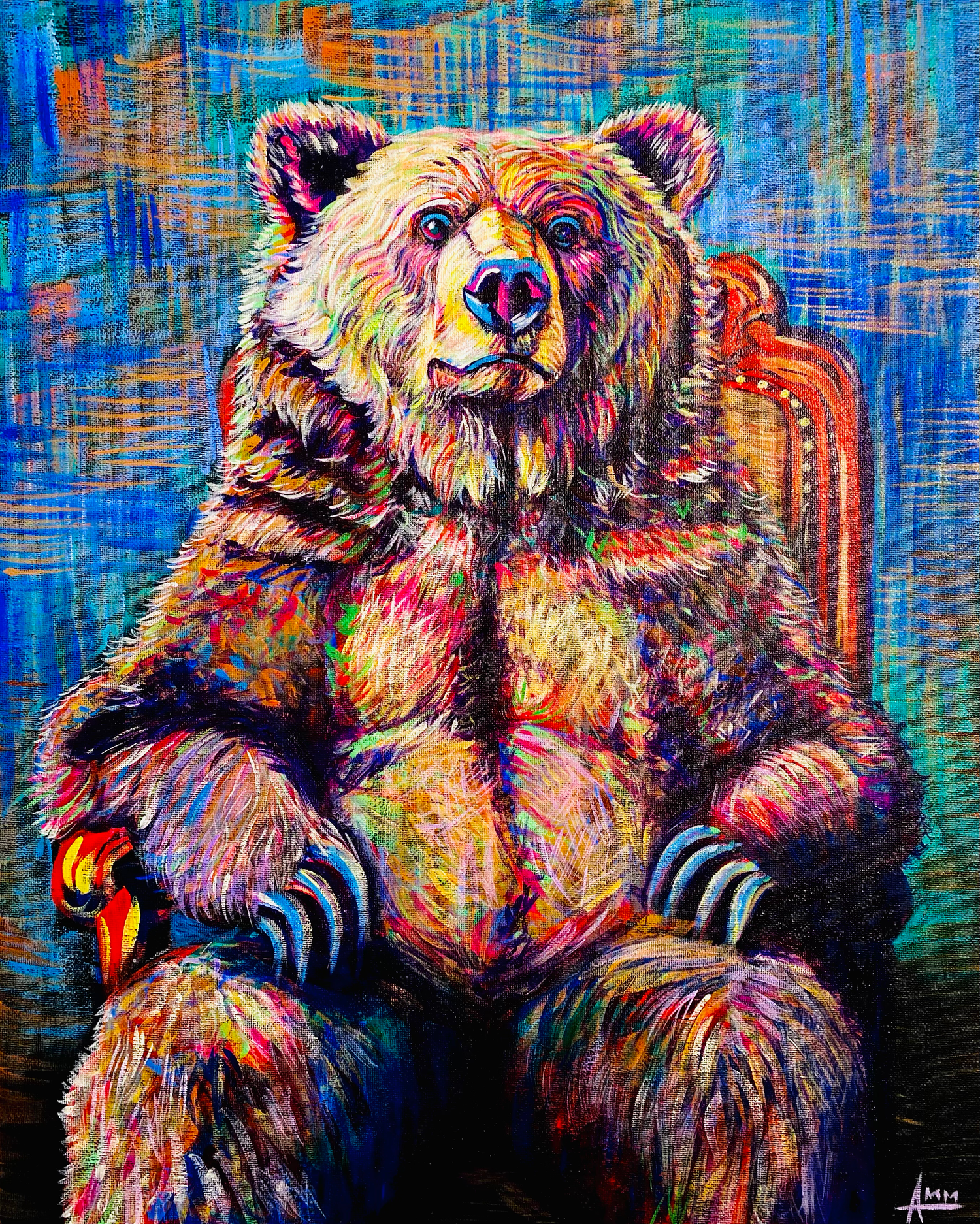 Vibrant pop art painting of a grizzly bear sitting regally in a chair, rendered in bold multicolored brushstrokes.