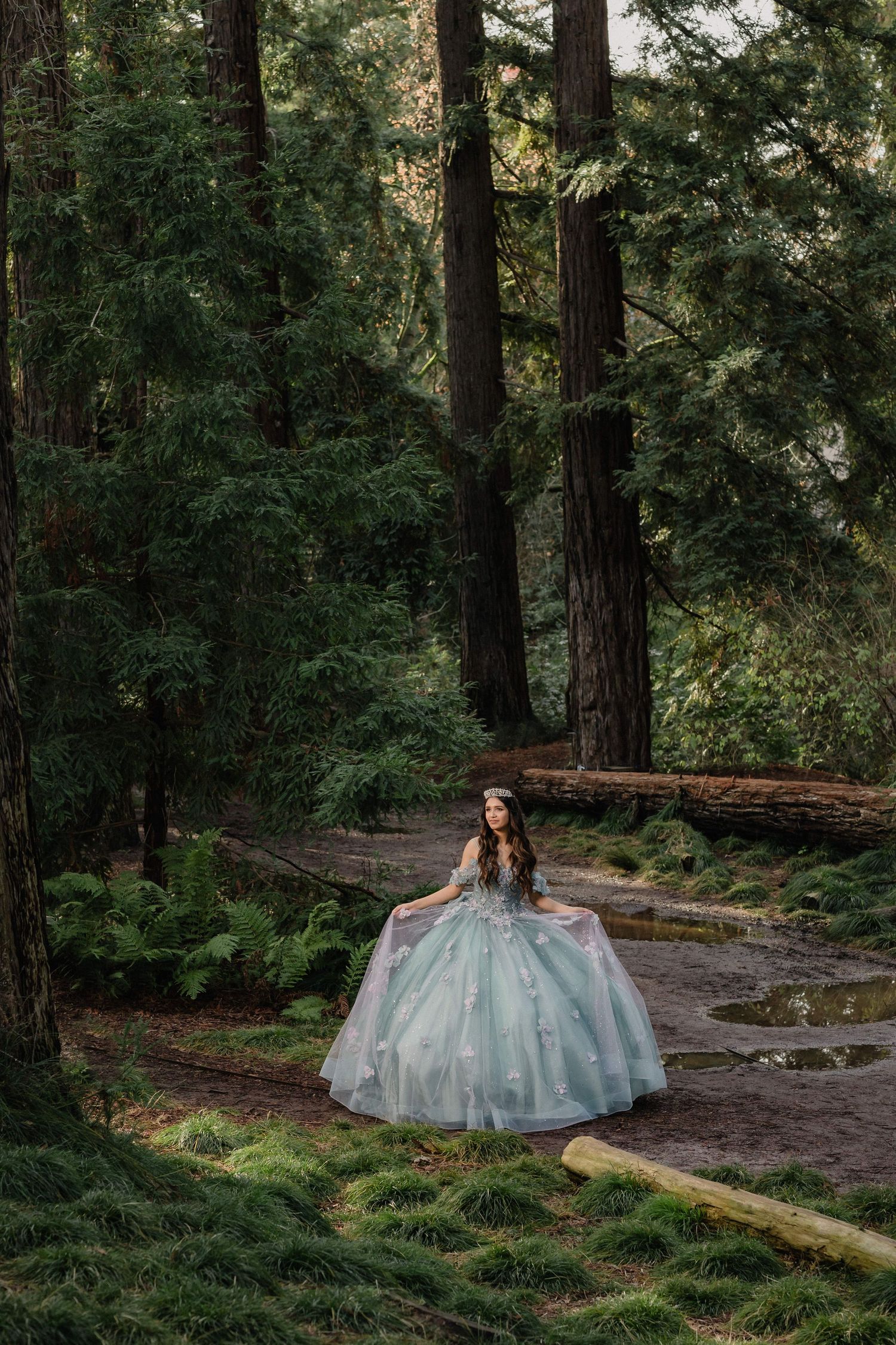Young woman in a flowing mint ball gown poses gracefully among tall redwood trees in a lush forest setting.