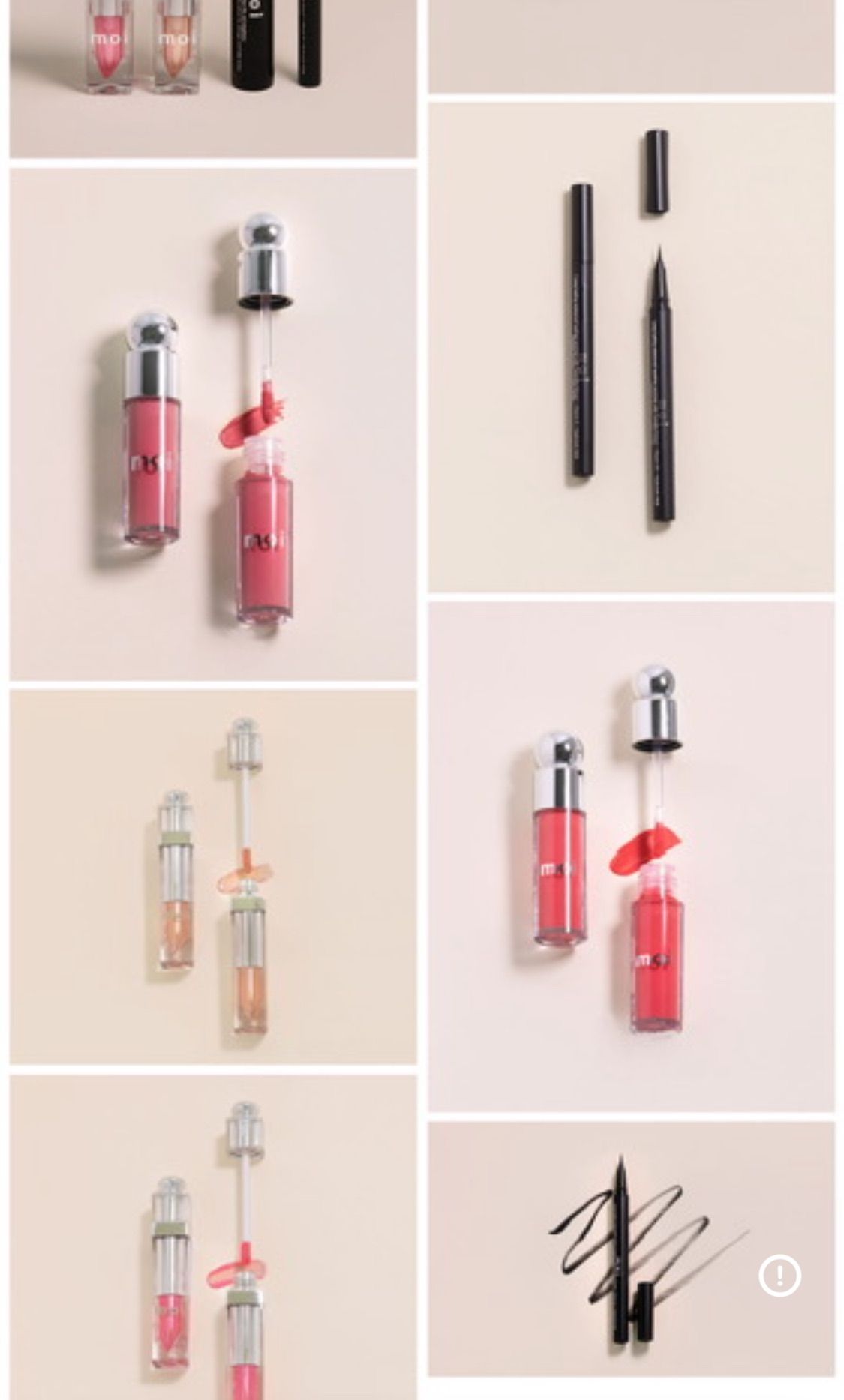 Collage of pink lip gloss duos and a black precision eyeliner pen displayed on a neutral background.