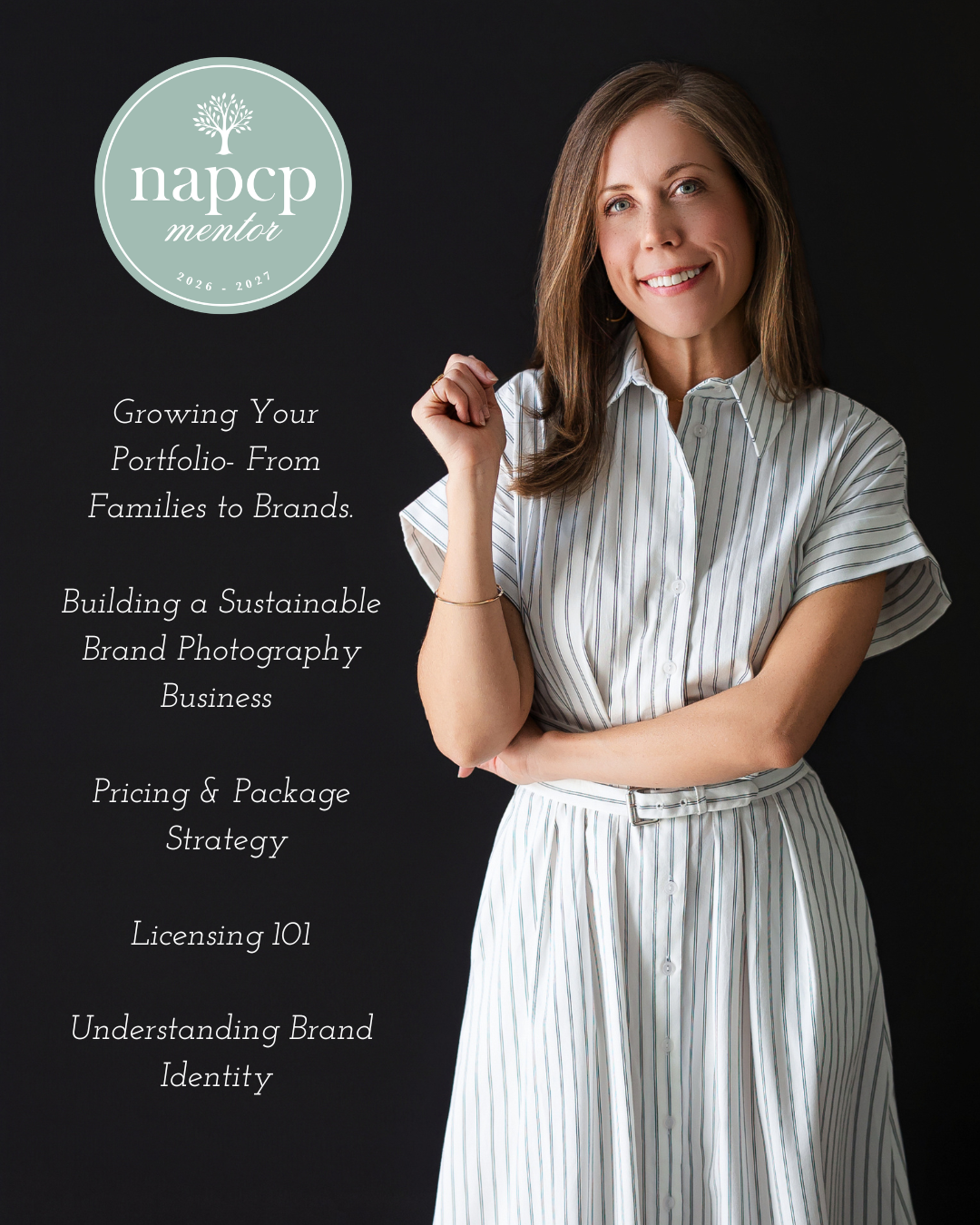 NAPCP mentor promotional image featuring a smiling woman in a striped dress with brand photography business topics listed.