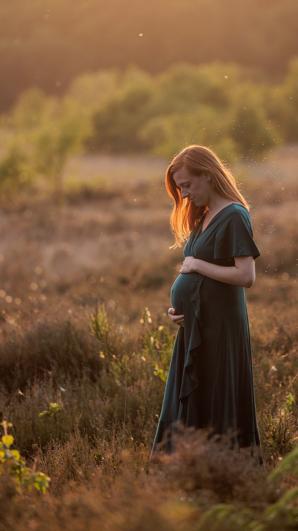 Dromerige zwangerschapsshoot op de heide tijdens de golden hour - zwangere vrouw met rood haar in het zonlicht - Drenthe - MaxFotos