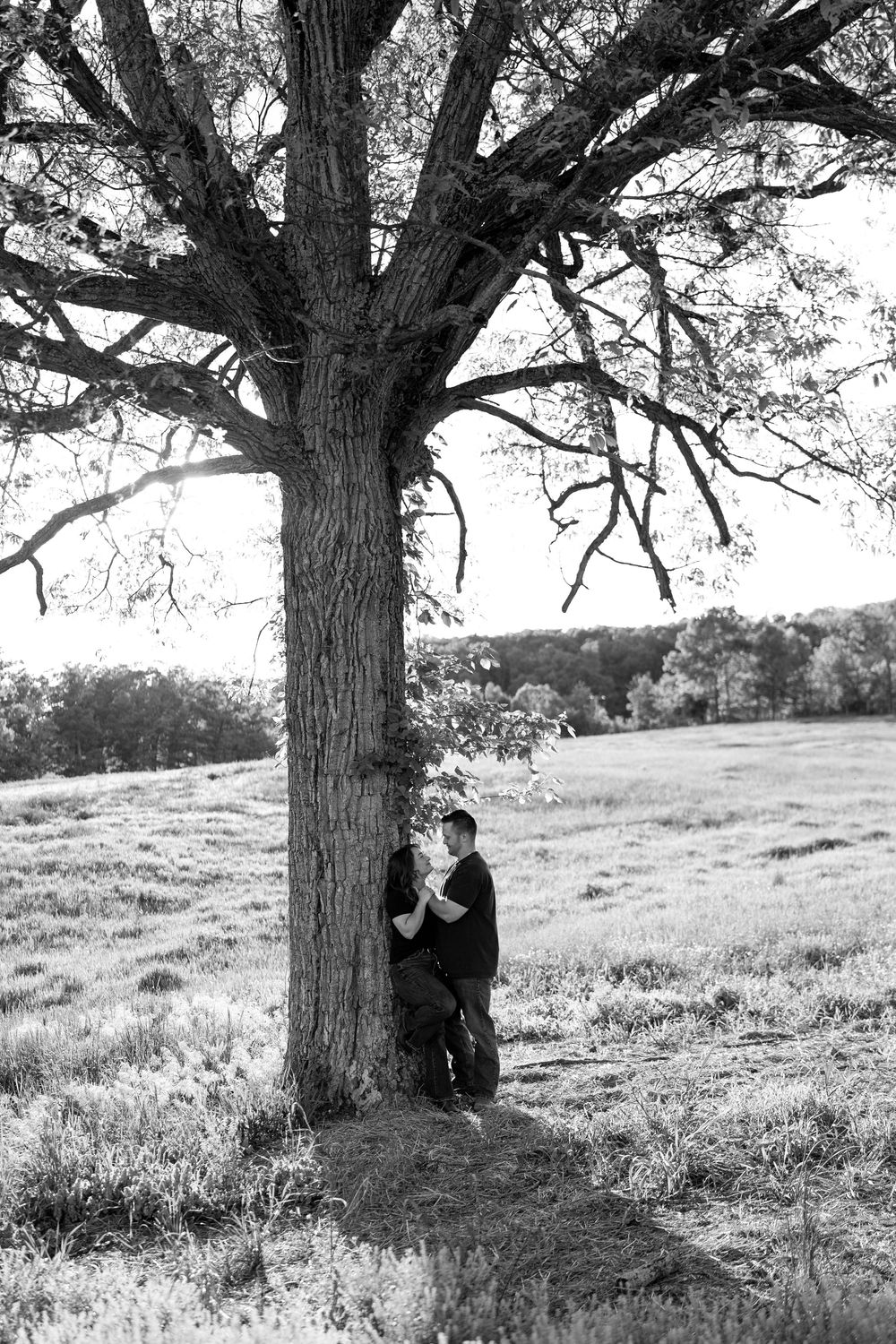 Black and white romantic photo of couple embracing and kissing under a large tree in an open field.