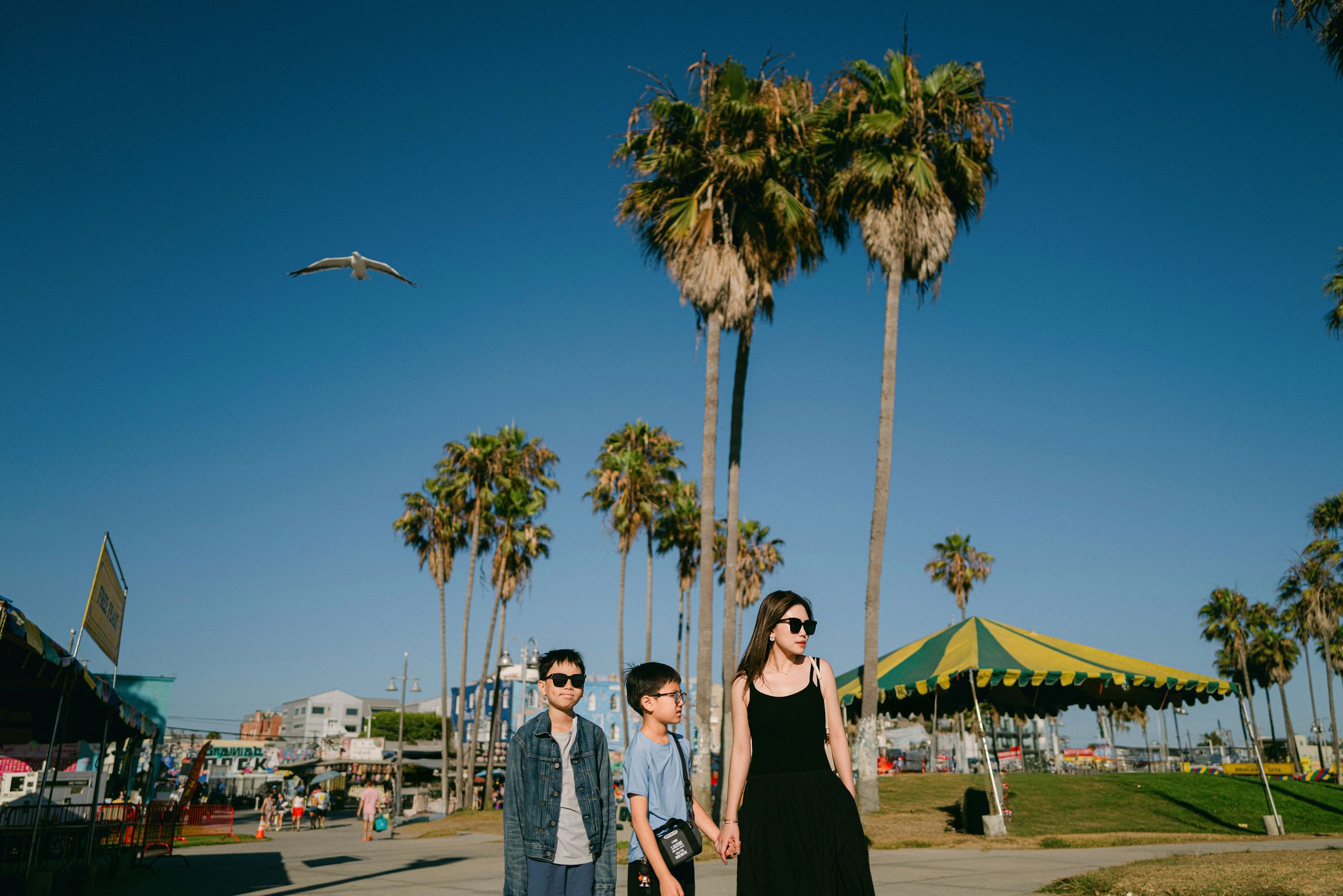 A family of three walks hand in hand along a sunny palm-lined beachside promenade under a clear blue sky.
