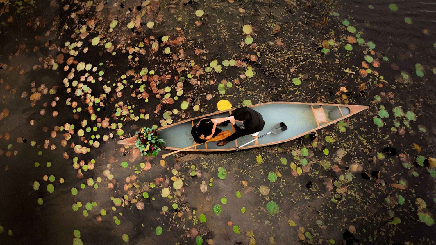 Aerial view of a person paddling a canoe through a lily pad-covered river with colorful autumn leaves.