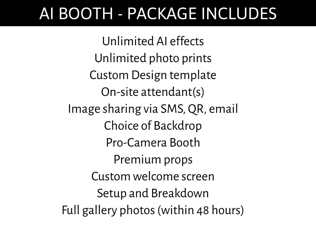 Photo booth package includes unlimited prints, GIFs, boomerangs, custom design, pro camera, backdrop choice, props, and gallery photos.