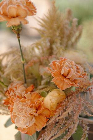 Soft peach carnations and dried pampas grass in a romantic floral arrangement with warm tones.