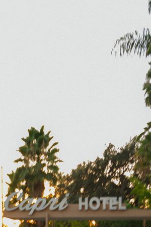 Capri Hotel sign with lush palm trees against a grey sky at dusk.