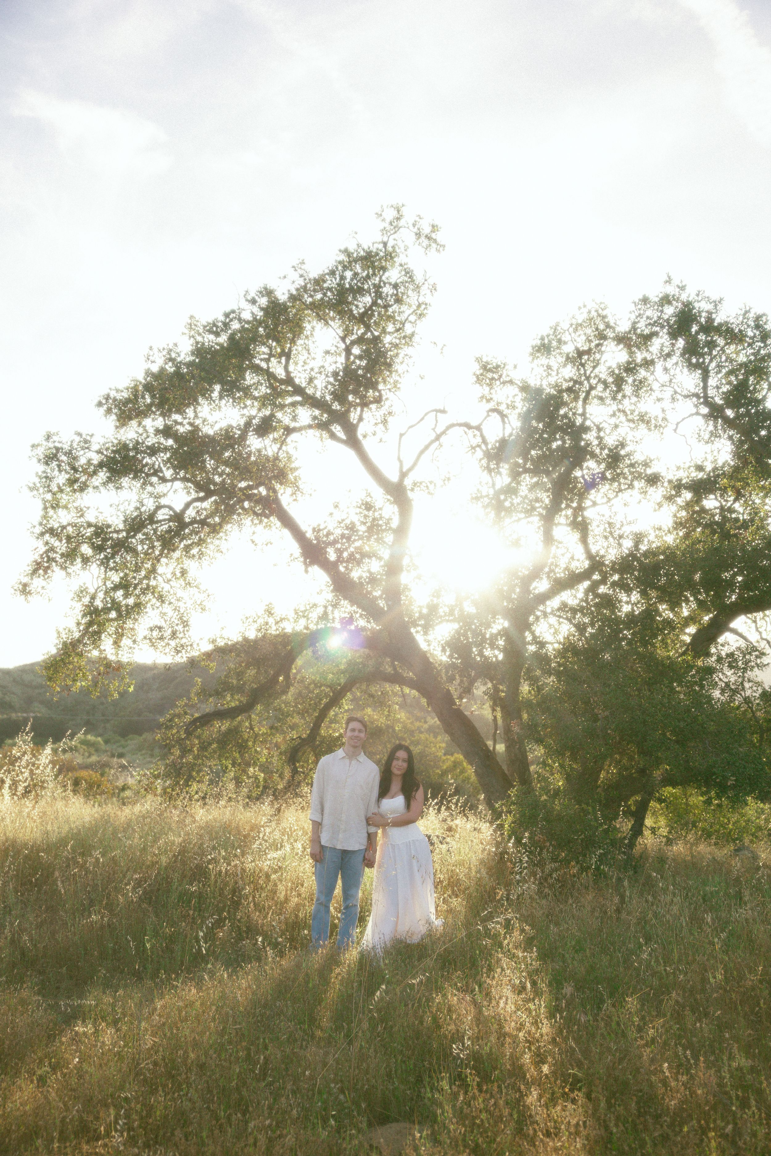 Couple standing together in a sunlit field beneath a sprawling oak tree during golden hour.