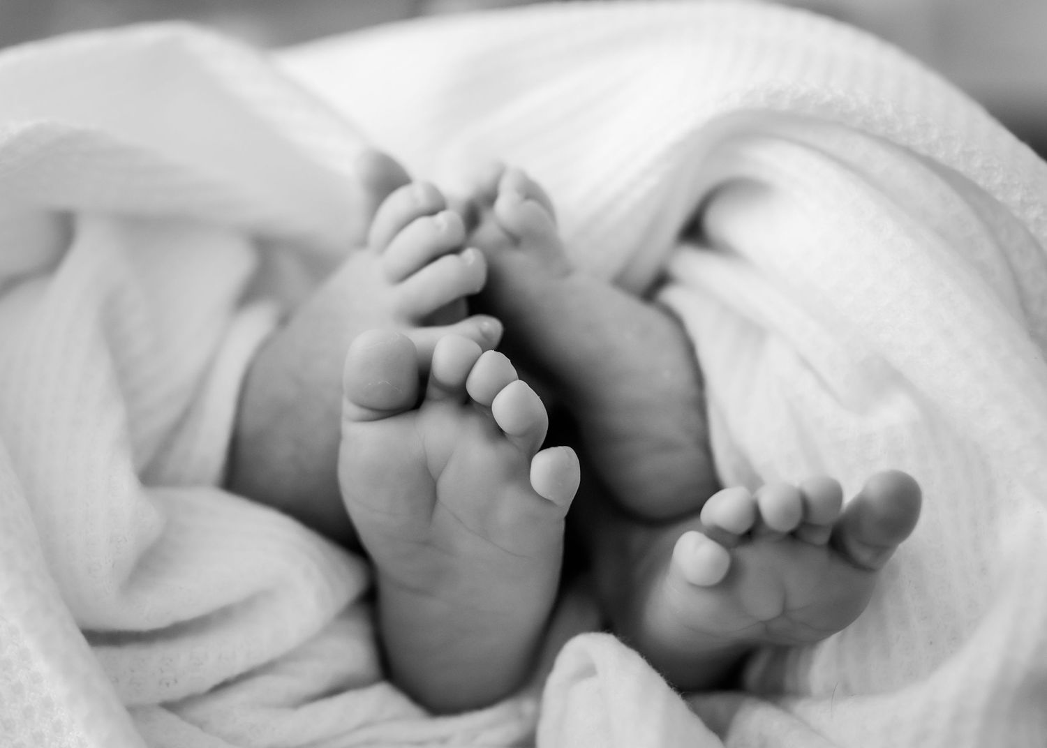 Black and white close-up of two newborn babies feet wrapped in white blanket.