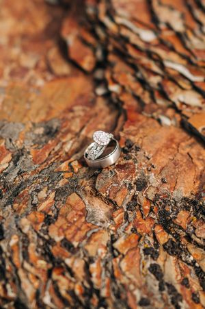 Wedding rings rest on textured red rock surface, featuring a diamond engagement ring and matching band.