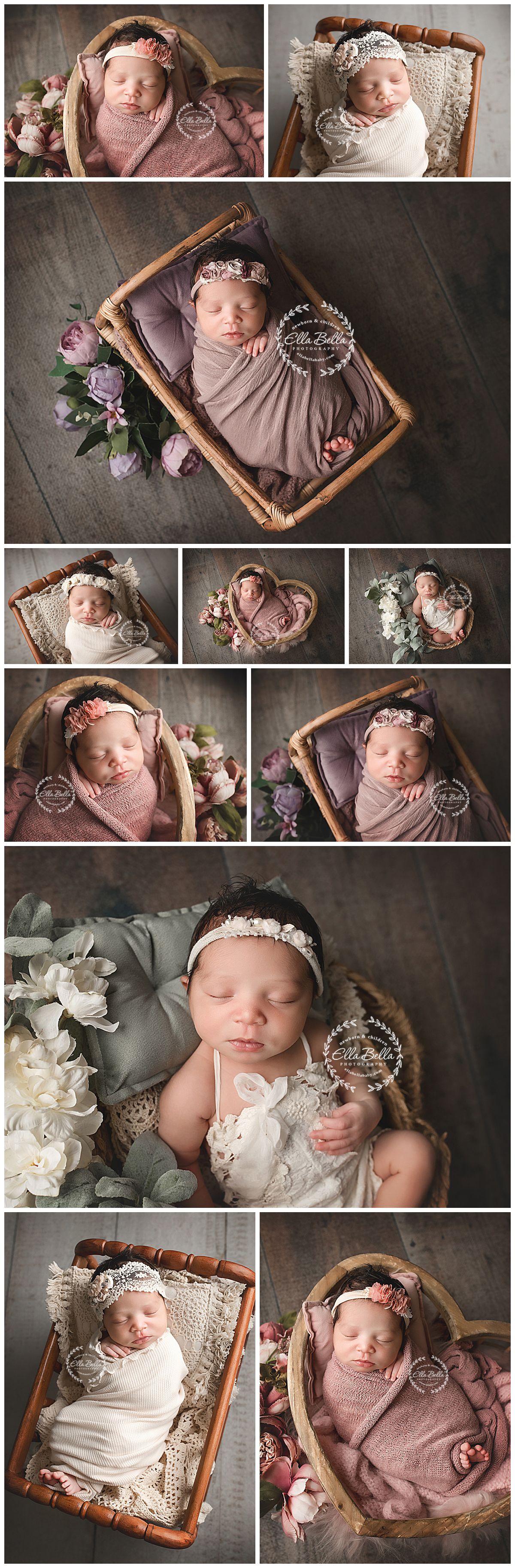 Sleeping newborn baby girl wrapped in soft pastel swaddles, posed in rustic wooden baskets with floral headbands and flowers.