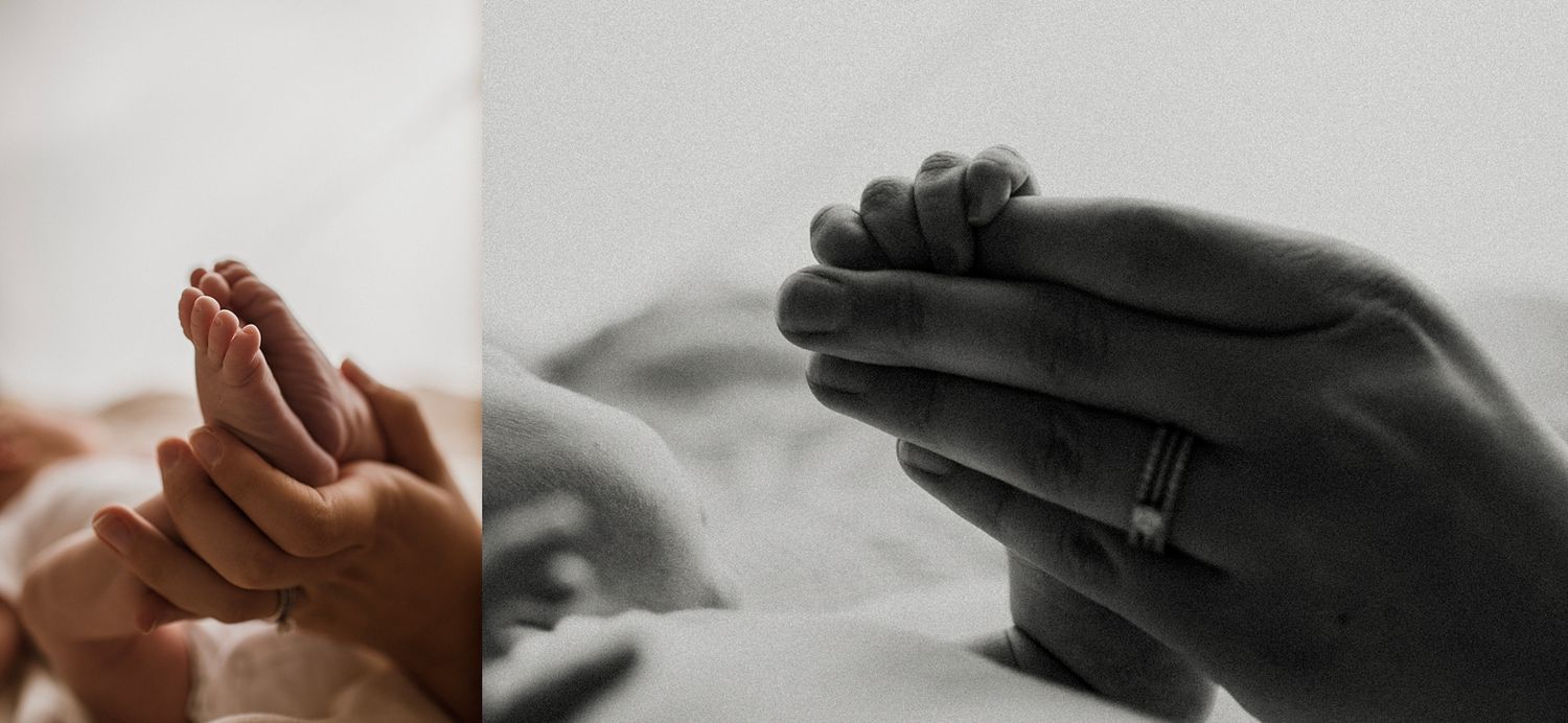 Close-up of a newborn baby's tiny feet held gently by an adult hand beside a black-and-white photo of hands clasped together.