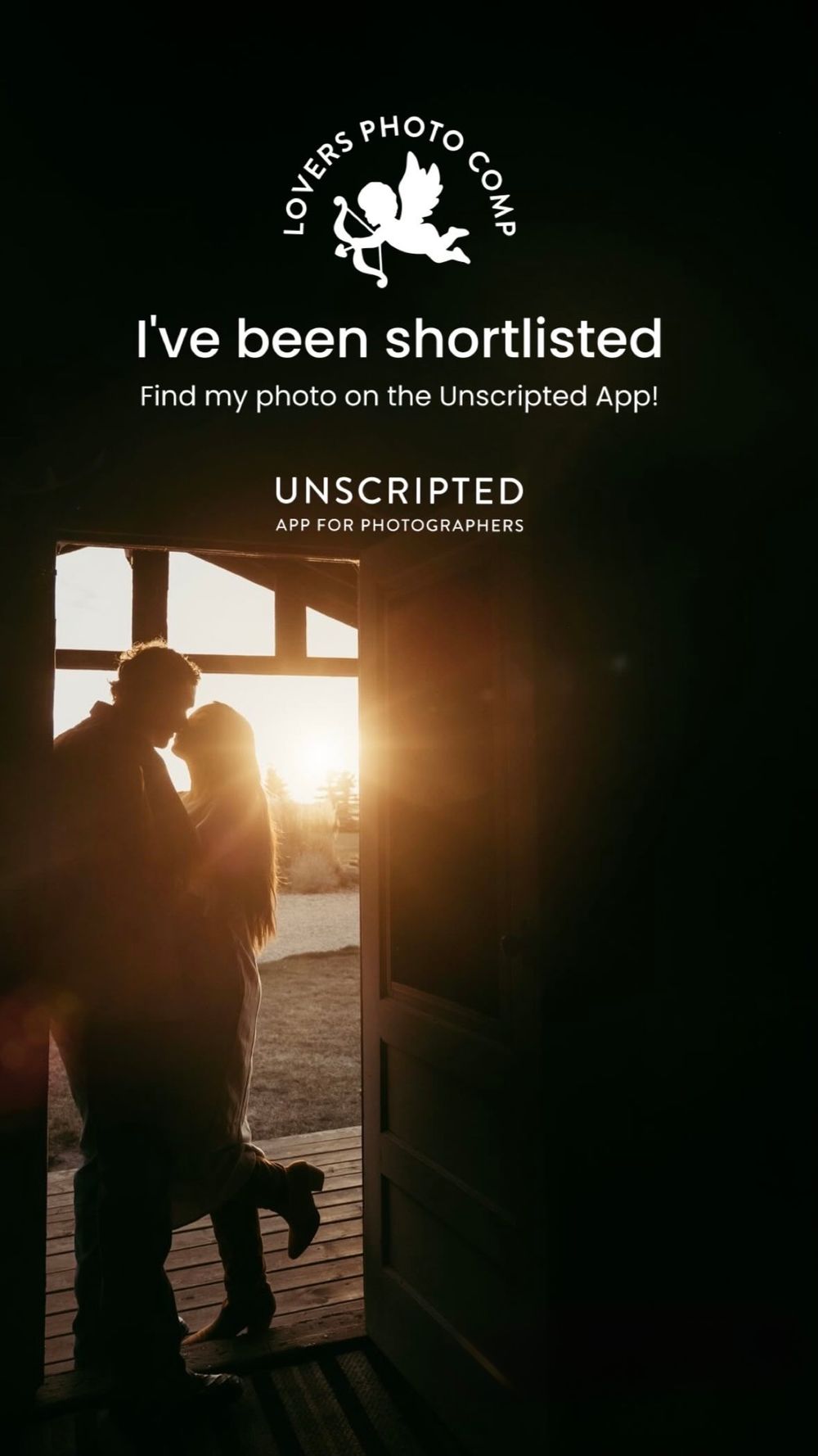 Couple silhouetted in golden sunset light through open barn door, shortlisted in Lovers Photo Comp on Unscripted App.