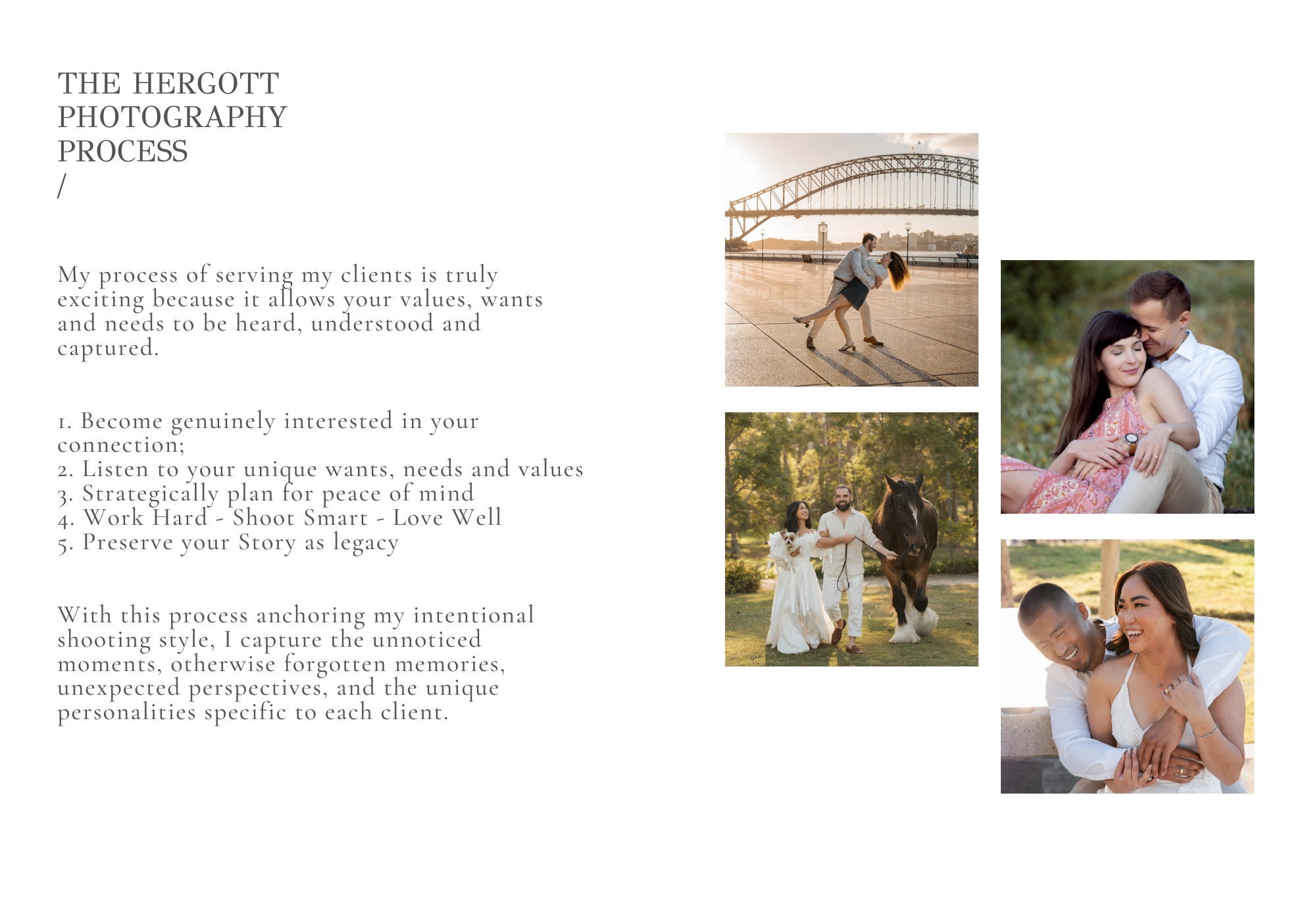 Photography process infographic showing sample photos and workflow steps.