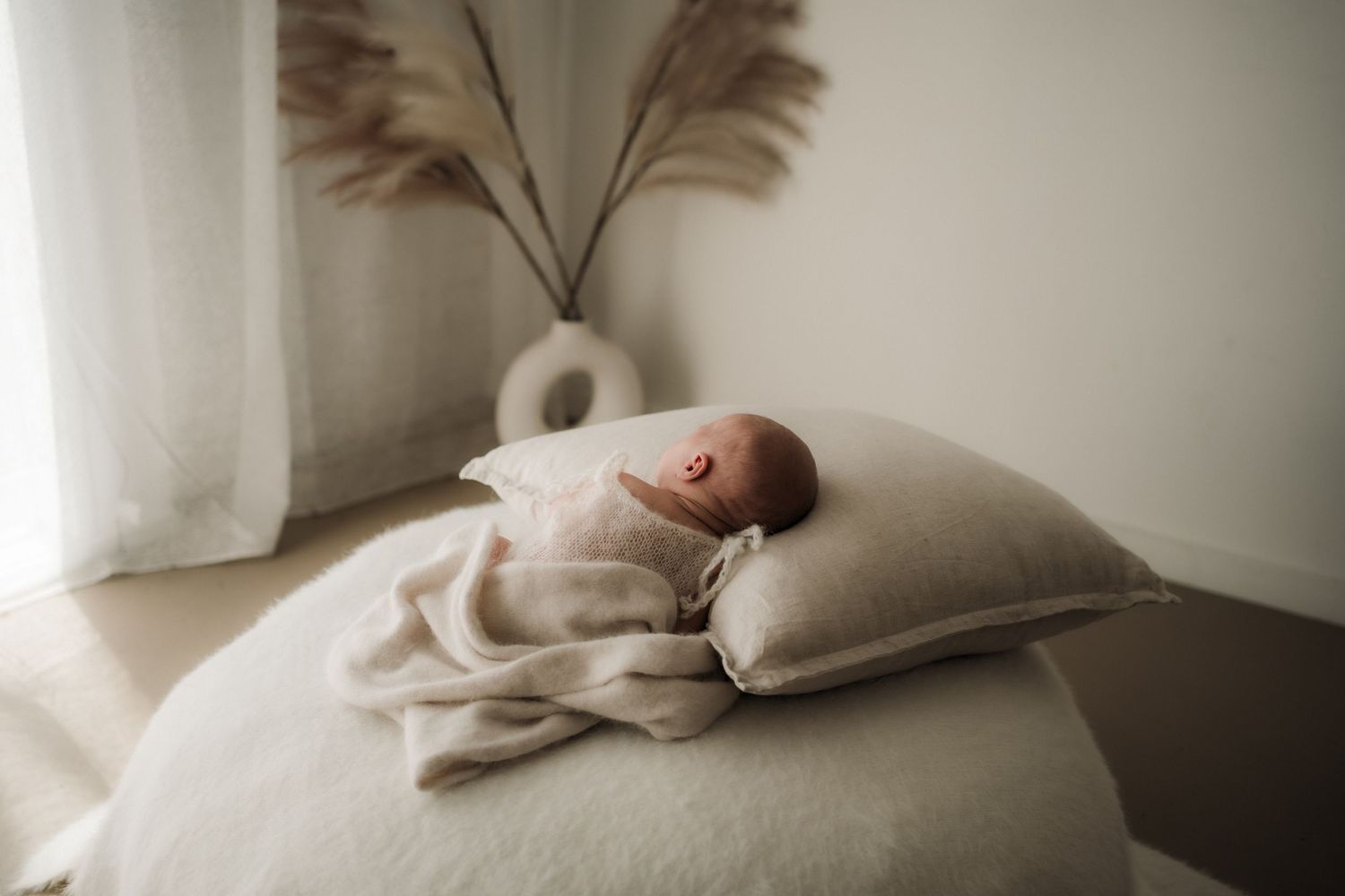 Newborn baby sleeping peacefully on a large pillow wrapped in a soft beige blanket with pampas grass decor in Buxton, Victoria Studio