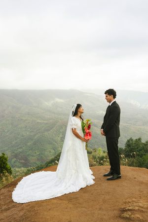 Bride and groom stand on a mountain cliff edge, bride in white gown with veil holding red bouquet, groom in black suit.