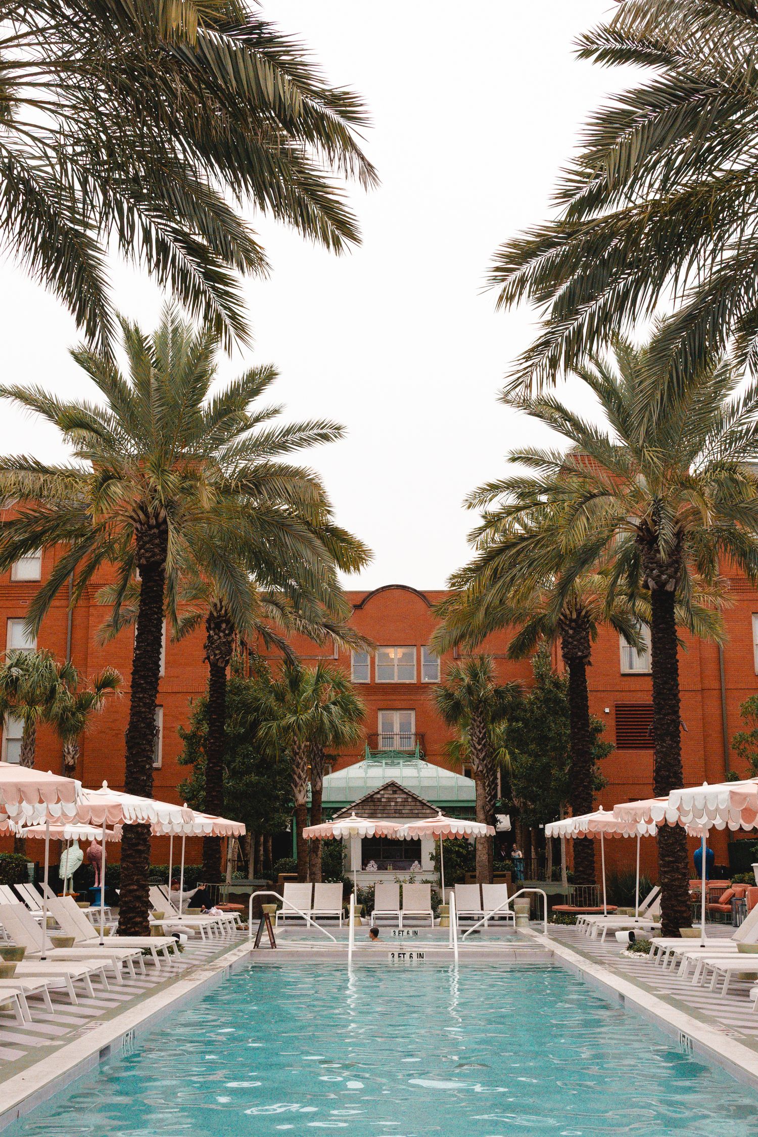 Luxury hotel pool surrounded by tall palm trees and white lounge chairs with pink umbrellas, red building backdrop.