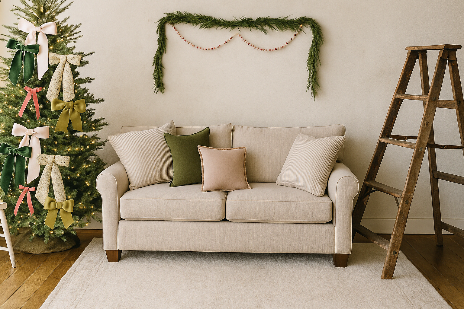 Modern living room decorated for Christmas with a white sofa, wooden ladder, and natural holiday greenery accents.
