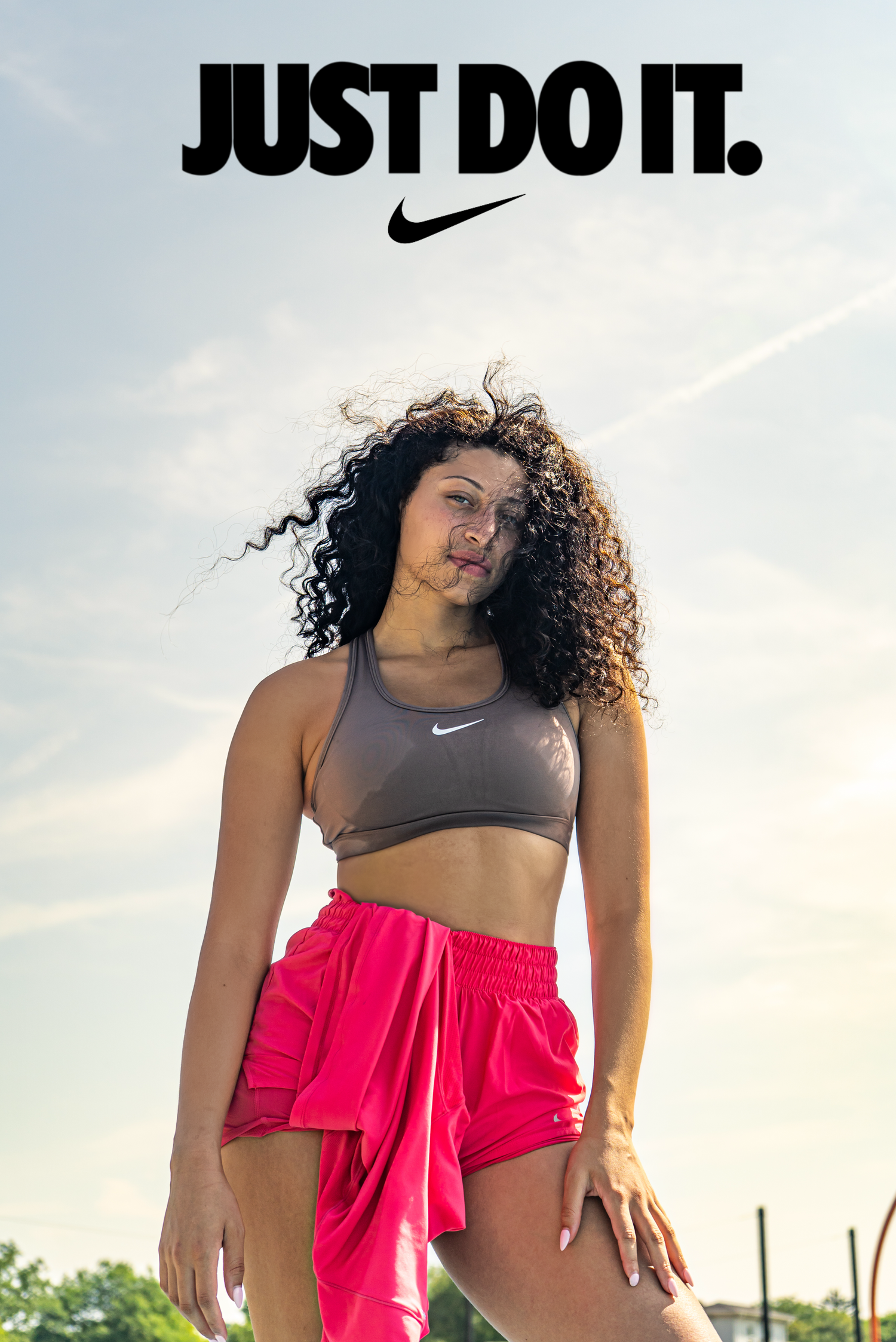 Nike promotional collage featuring athletic wear and motivational 'Just Do It' branding in pink and gray tones.