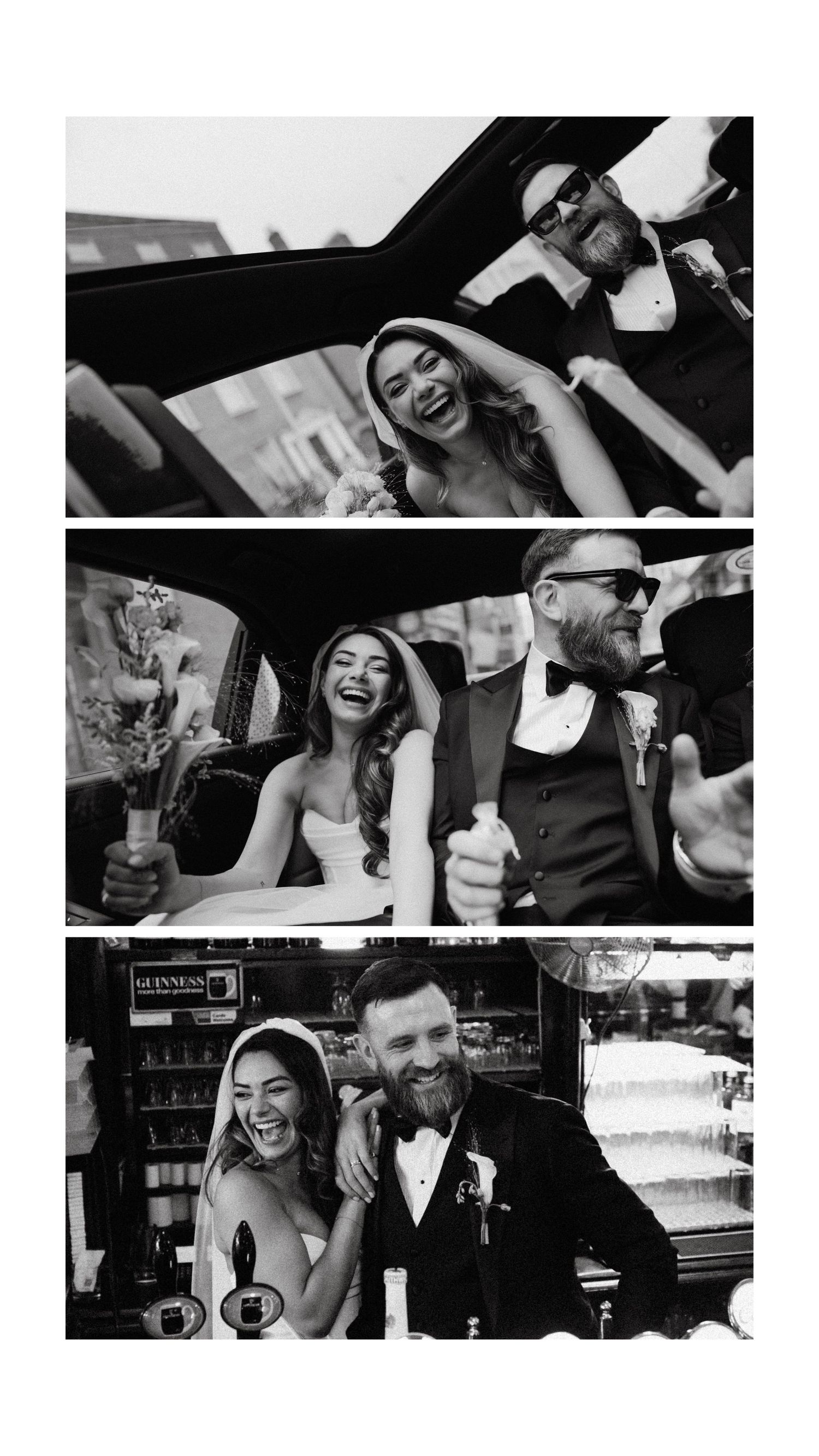 Black and white photo of joyful wedding celebration at a bar showing laughter and clinking glasses during a toast. Gloster House