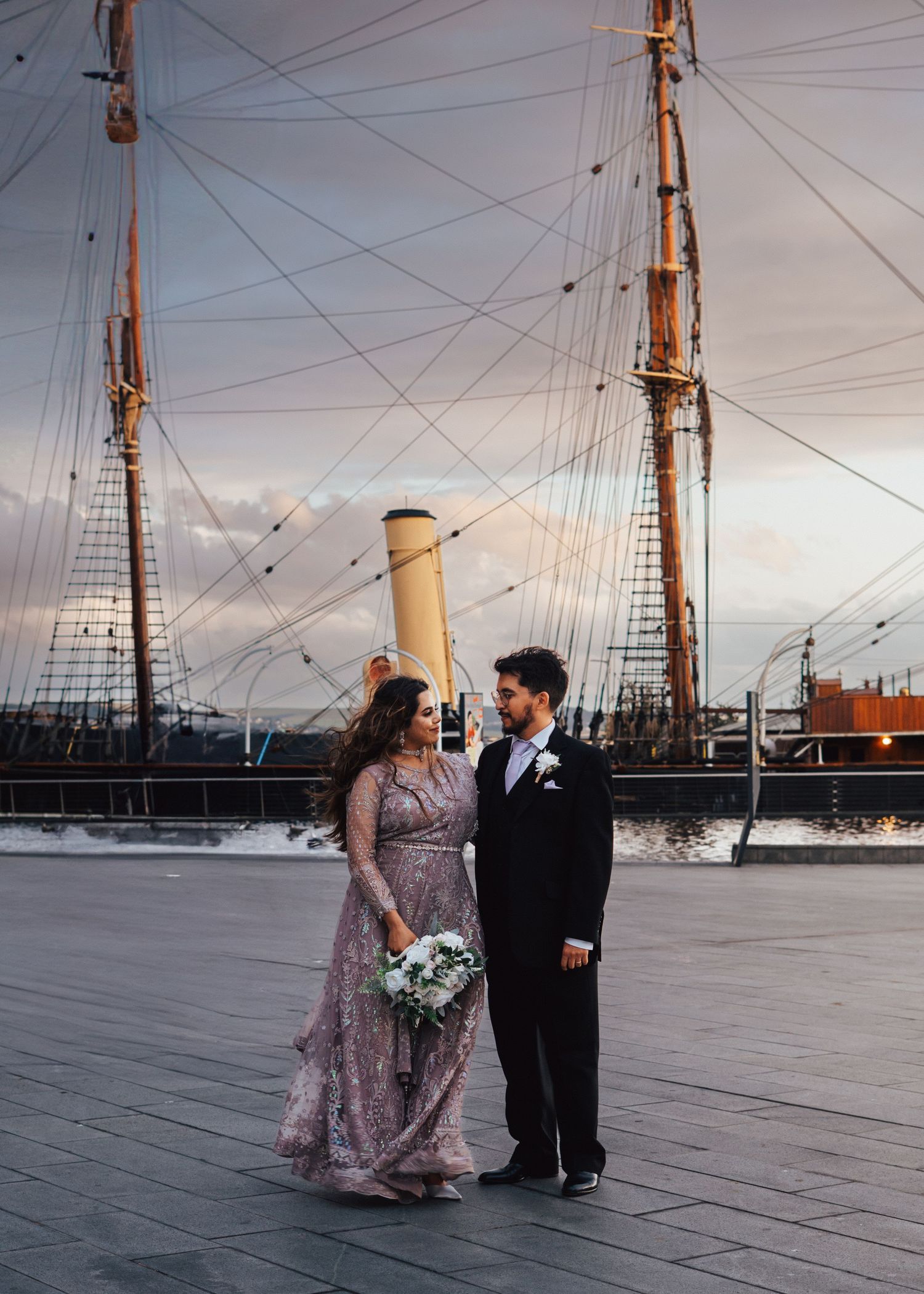 Romantic wedding portrait of bride and groom at the discovery in Dundee by Dundee wedding photographer