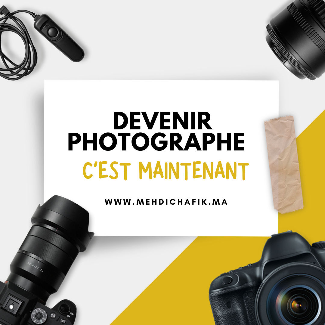 Photography equipment and text advertising becoming a photographer in French.