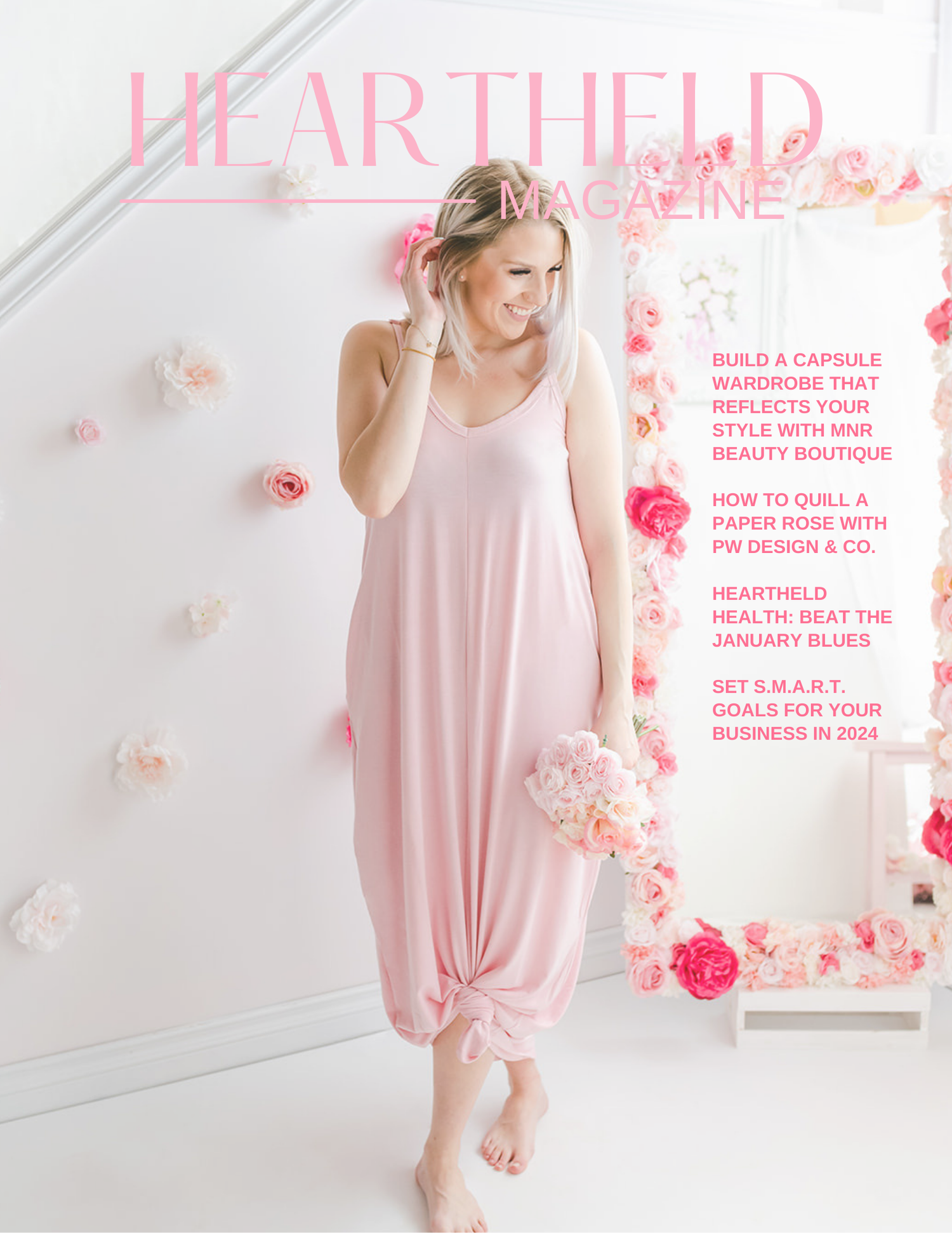 Magazine cover showing person in flowing pink maxi dress posing against floral wall background with pink text overlay.