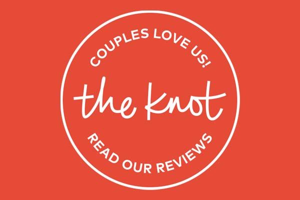 Circular red badges featuring wedding and review-related text in white typography.