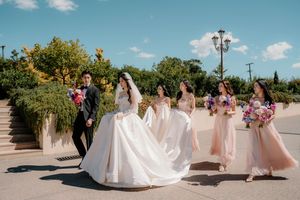 A collage of wedding party scenes with dresses flowing in the breeze beneath a summer sky.