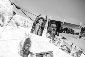 Black and white collage of skiing and winter sports action shots.